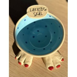 Keramik sk�l lysebl� med m�rkebl� prikker og tekst "Lakrids sk�l" � 12 cm