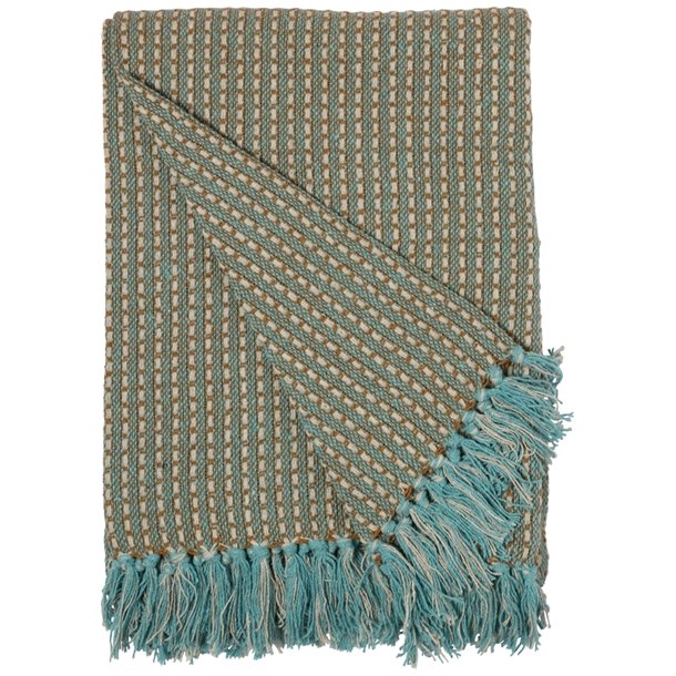 Plaid stribe m/blokke turkis/guld, 130x170 cm