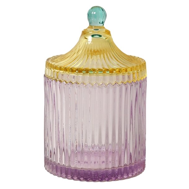 Bonbonniere m/striber, violet/gul, 17x10 cm