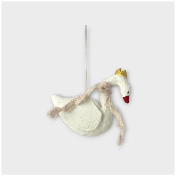 Hvid svane med guldkrone og lyser�dt t�rkl�de i bomuld med fine h�ndlavede detaljer, H 10 cm