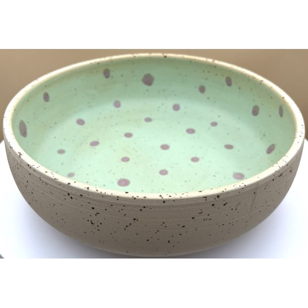 Stor keramik sk�l lime med lilla prikker � 20 cm