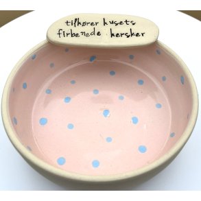 Keramik sk�l rosa med bl� prikker og tekst 