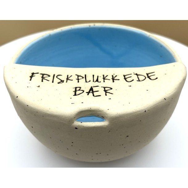 Keramik sk�l lysebl� og tekst "Friskplukkede b�r" � 12 cm