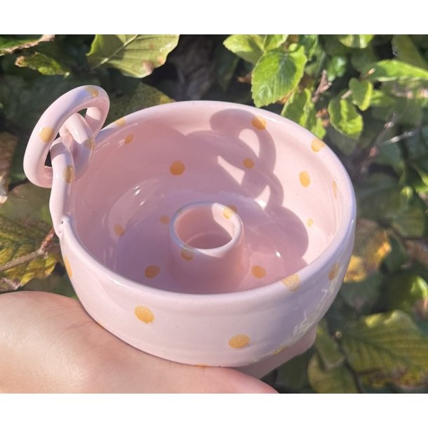 Keramik lysestage rosa med gule prikker