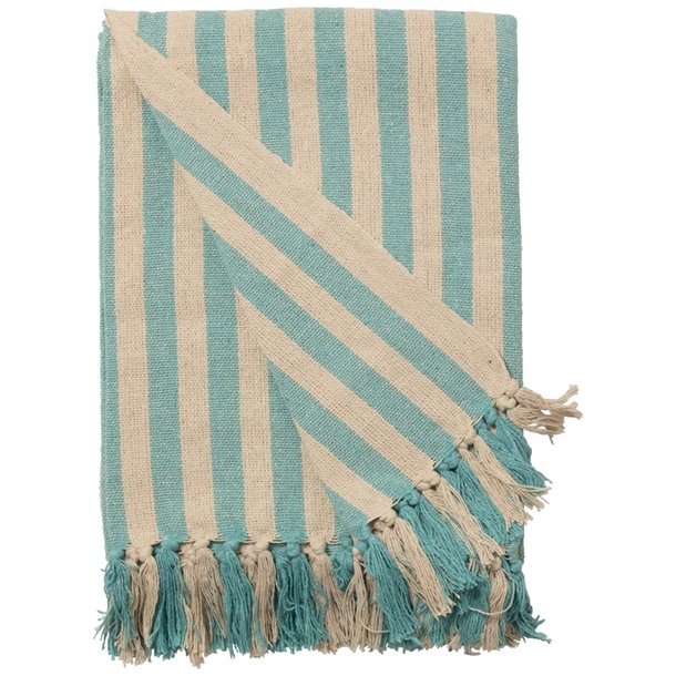 Plaid i stribet turkis/natur, 130x180 cm