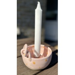 Keramik lysestage rosa med gule prikker
