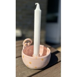 Keramik lysestage rosa med gule prikker