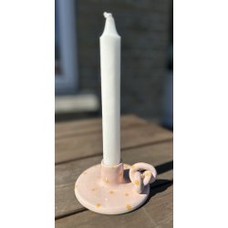 Keramik lysestage rosa med gule prikker