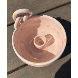 Keramik lysestage rosa med gule prikker