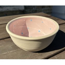 Keramik sk�l rosa med bl� prikker � 12 cm