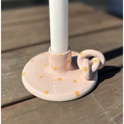 Keramik lysestage rosa med gule prikker