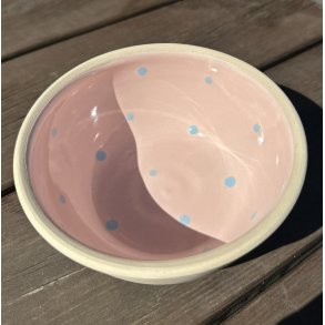 Keramik sk�l rosa med bl� prikker � 12 cm